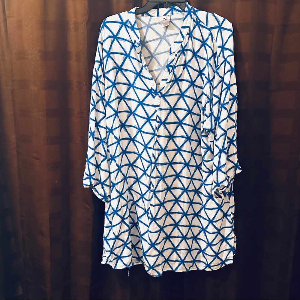 NATORI BLUE WHITE Windowpane Night Dress size XL